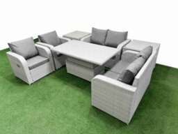 Fimous 6 Seater Outdoor Reclining Chair Love Sofa Set Rattan Garden Furniture Set Adjustable Lifting Table 2 Side Tables - thumbnail 2