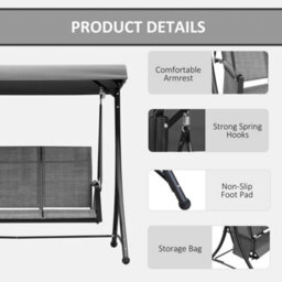 Outsunny 3 Seat Metal Fabric Backyard Balcony Patio Swing Chair W/ Canopy Grey - thumbnail 6