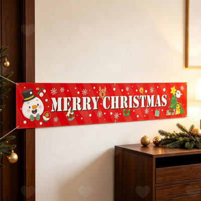 Amorly Red Merry Christmas Backdrop Banner 0.5X3M, Santa Snowman Festive Hanging Decor With Snowflakes, Xmas Decoration For Fence Yard - image 1