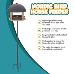 Petlicity Nordic House Bird Table Bird Feeder Garden Feeding Station Stand With Metal Roof And Wooden Base - thumbnail 9