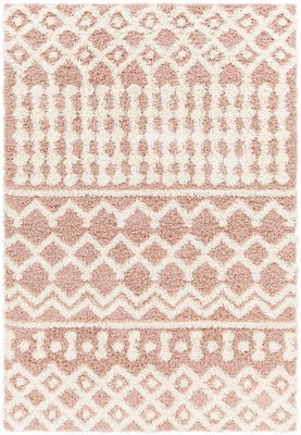 Livabliss Urban Shaggy-Geometric Pink White Soft Plush Pile Living Bedroom Rug 130 X 170 Cm Easy Care, Non Shedding - image 1