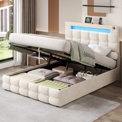 Abrihome Velvet Ottoman Double Bed 4Ft6, Hydraulic Storage With Led Lights & Usb Ports, Button Tufted Headboard, Beige (No Mattress) - image 1