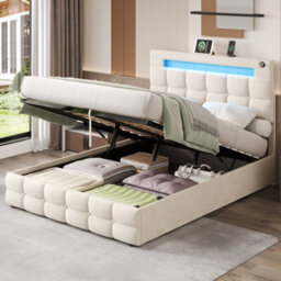 Abrihome Velvet Ottoman Double Bed 4Ft6, Hydraulic Storage With Led Lights & Usb Ports, Button Tufted Headboard, Beige (No Mattress)