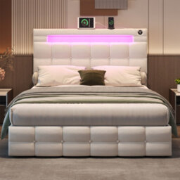Abrihome Velvet Ottoman Double Bed 4Ft6, Hydraulic Storage With Led Lights & Usb Ports, Button Tufted Headboard, Beige (No Mattress) - thumbnail 2