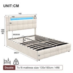 Abrihome Velvet Ottoman Double Bed 4Ft6, Hydraulic Storage With Led Lights & Usb Ports, Button Tufted Headboard, Beige (No Mattress) - thumbnail 3