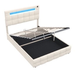 Abrihome Velvet Ottoman Double Bed 4Ft6, Hydraulic Storage With Led Lights & Usb Ports, Button Tufted Headboard, Beige (No Mattress) - thumbnail 9