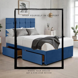 Blue Plush 3Ft Single Bed With Matttress  2 Storage Drawers And 20 Inch Cubic Headboard - thumbnail 4