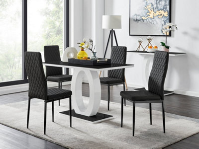 Furniturebox Giovani Rectangular 4 Seat White High Gloss Unique Halo Dining Table Black Glass Top 4 Black Faux Leather Black Leg Milan Chairs - image 1