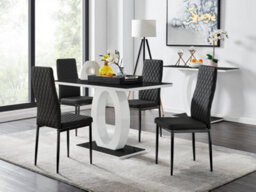 Furniturebox Giovani Rectangular 4 Seat White High Gloss Unique Halo Dining Table Black Glass Top 4 Black Faux Leather Black Leg Milan Chairs