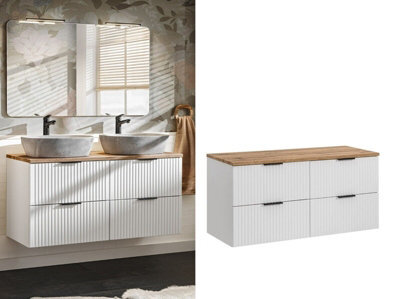 Impact Furniture White Double Vanity Unit With Drawers 1200mm Oak Countertop Wall Hung Bathroom Cabinets Ribbed Fluted Floating Adel - image 1