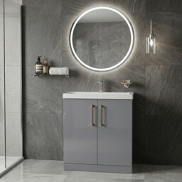 Balterley Level Contemporary Bathroom Floor Standing 2-Door Vanity Unit & Mid-Edge Basin, Satin Grey, 800mm - thumbnail 2