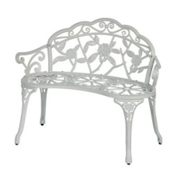 Home Source Ornate Rose Detail Metal Outdoor Garden Bench White - thumbnail 9