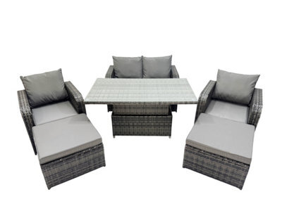 Fimous 6-Seater Patio Height Adjustable Rising Lifting Table Sofa Sets Rattan Garden Furniture Dining Set With 2 Big Footstool - image 1