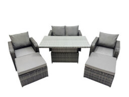 Fimous 6-Seater Patio Height Adjustable Rising Lifting Table Sofa Sets Rattan Garden Furniture Dining Set With 2 Big Footstool - thumbnail 1