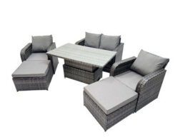 Fimous 6-Seater Patio Height Adjustable Rising Lifting Table Sofa Sets Rattan Garden Furniture Dining Set With 2 Big Footstool - thumbnail 2