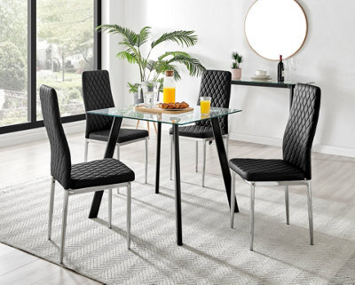 Furniturebox Seattle Scandi Inspired Glass And Black Metal Leg Square Dining Table & 4 Black Milan Faux Leather Silver Leg Chairs - image 1