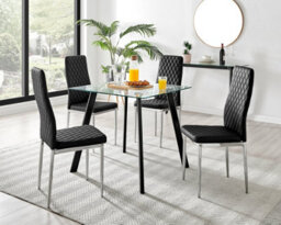 Furniturebox Seattle Scandi Inspired Glass And Black Metal Leg Square Dining Table & 4 Black Milan Faux Leather Silver Leg Chairs