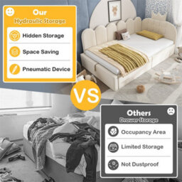 Abrihome Beige Velvet Daybed With Hydraulic Storage & Crown-Shaped Headboard, 90X190Cm - thumbnail 3