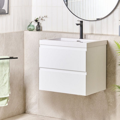 Wyld And Coco Nova Wall-Mounted Vanity Unit With Integrated Resin Basin, White Melamine Mdf, 2 Drawers, 60X46 Cm - image 1