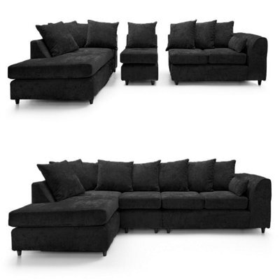 Furnishings For Less UK Monaco Chenille Fabric 5 Seater L Shaped Corner Sofa  Black Left Hand Facing