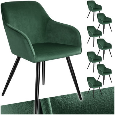 Tectake Set Of 8 Dining Chair Marilyn - With Armrests, Padded, Velvet Look, Black Steel Legs - Dark Green / Black