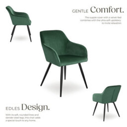 Tectake Set Of 8 Dining Chair Marilyn - With Armrests, Padded, Velvet Look, Black Steel Legs  - Dark Green / Black - thumbnail 3