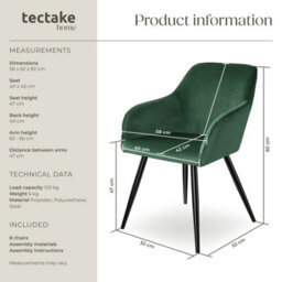 Tectake Set Of 8 Dining Chair Marilyn - With Armrests, Padded, Velvet Look, Black Steel Legs  - Dark Green / Black - thumbnail 6