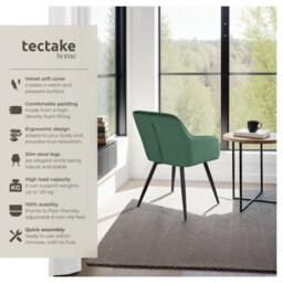 Tectake Set Of 8 Dining Chair Marilyn - With Armrests, Padded, Velvet Look, Black Steel Legs  - Dark Green / Black - thumbnail 2