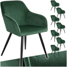 Tectake Set Of 8 Dining Chair Marilyn - With Armrests, Padded, Velvet Look, Black Steel Legs  - Dark Green / Black - thumbnail 1