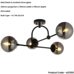 Loops Matt Black Semi Flush Low Ceiling Light - Smoked Mirror Glass Shade - 4X 7W Led E14 - thumbnail 2