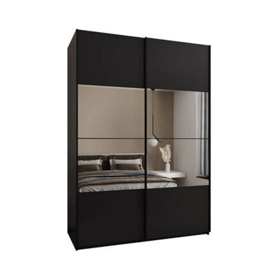 Arte Elegant Trosa Iv Black Sliding Door Wardrobe H2450mm W1700mm D640mm Mirrored Doors, Ten Shelves, Hanging Rail, Steel Handles - image 1