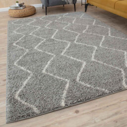 The Rugs Moroccan Shaggy Rugs And Runners Soft Fluffy Wavy Trellis Design High Pile Grey And Ivory Living Room Kitchen Hallway 810 - thumbnail 1