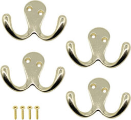 Sisi UK Brass Double Prong Robe Hooks Pack Of 4 Wall Mounted Coat Hat Towel Door Hangers Retro Metal Finish 50mm X 78mm
