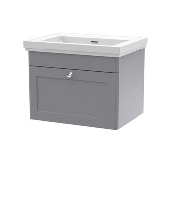 Balterley Swynnerton Traditional 1 Drawer Wall Hung Vanity Unit With Basin, Satin Grey, 600mm - image 1