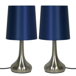 Navilux Silver Brushed Touch Table Lamps With Navy Shades Pair 3-Stage Dimmable Led Compatible