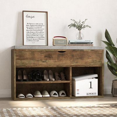 Brown 2 Tier Shoe Storage Bench With Flip-Open Lid, Entryway Bench With 3 Compartments - image 1