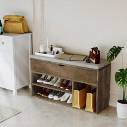 Brown 2 Tier Shoe Storage Bench With Flip-Open Lid, Entryway Bench With 3 Compartments - thumbnail 8