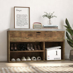 Brown 2 Tier Shoe Storage Bench With Flip-Open Lid, Entryway Bench With 3 Compartments