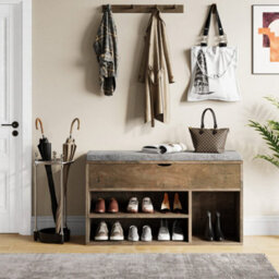 Brown 2 Tier Shoe Storage Bench With Flip-Open Lid, Entryway Bench With 3 Compartments - thumbnail 4