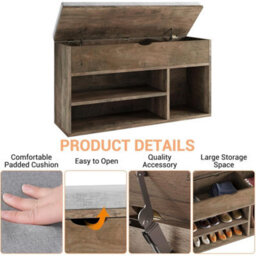 Brown 2 Tier Shoe Storage Bench With Flip-Open Lid, Entryway Bench With 3 Compartments - thumbnail 3
