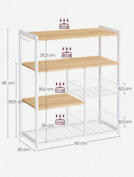 LEDREM Baker S Rack, Kitchen Island With 2 Metal Mesh Baskets, Shelves And Hooks, 80 X 35 X 95 Cm, Industrial Style - thumbnail 9