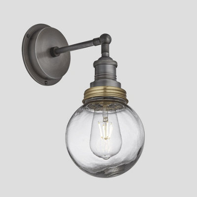 Industville Brooklyn Outdoor & Bathroom Wall Light, Pewter Holder, Brass Ring, Globe Glass - image 1