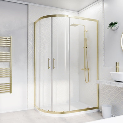 Nes Home Lh 1200 X 800mm Offset Brushed Brass Framed Quadrant Shower Enclosure & Tray - image 1