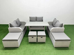 Fimous 10 Seater Outdoor Garden Furniture Set With Dining Table Love Sofa 2 Big Footstools 2 Small Stool Light Grey - thumbnail 2