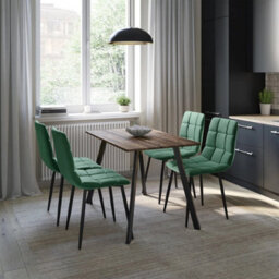 Urbn-Living Urbn Living 110Cm Dining Table & 4 Pcs Velvet Chairs Set Modern Metal Kitchen Furniture Rustic Oak Table And Green Chair - thumbnail 2