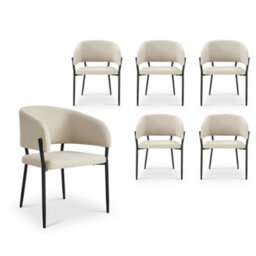 Vonhaus Dining Chairs Set Of 6, Upholstered Cream Kitchen Chairs With Black Legs, Cushioned Linen Effect For Dining Room, Oxford