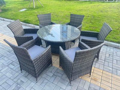Fimous 7-Piece Pe Rattan Garden Furniture 6 Seater Garden Big Round Table And Chairs For Patio Dark Grey Mixed - image 1