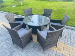 Fimous 7-Piece Pe Rattan Garden Furniture 6 Seater Garden Big Round Table And Chairs For Patio Dark Grey Mixed - thumbnail 1
