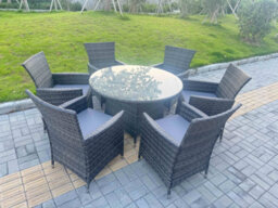 Fimous 7-Piece Pe Rattan Garden Furniture 6 Seater Garden Big Round Table And Chairs For Patio Dark Grey Mixed - thumbnail 2