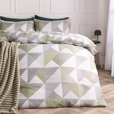 Ohs Geo Print Bedding Set Microfibre Duvet Cover With Pillowcase, Sage - Double - image 1